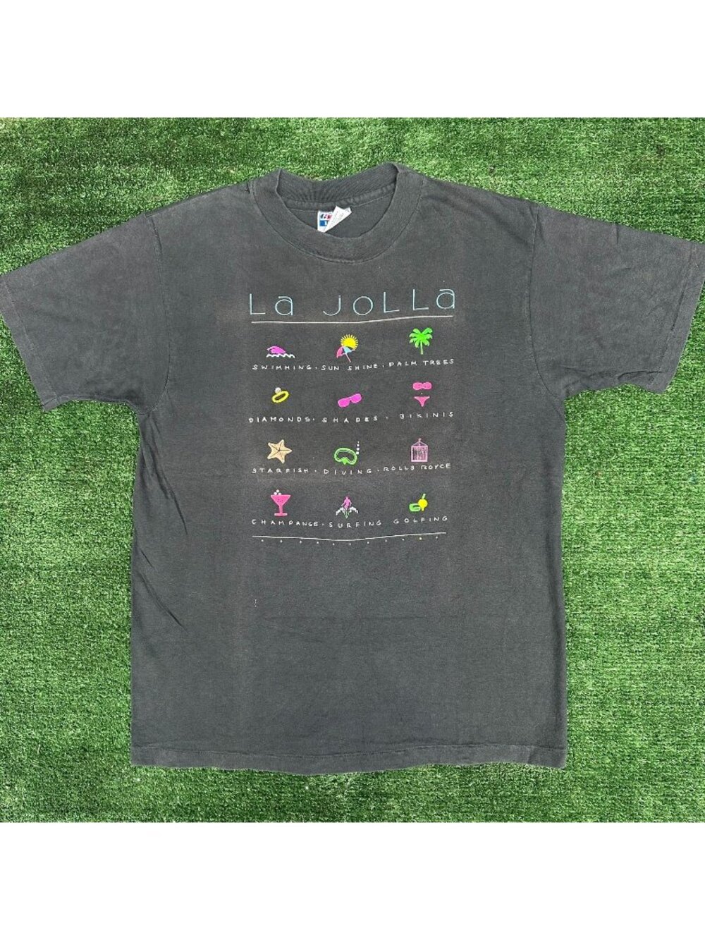 Vintage 90s La Jolla California T-Shirt Black L Beach Glam Neon Surfer Tropical